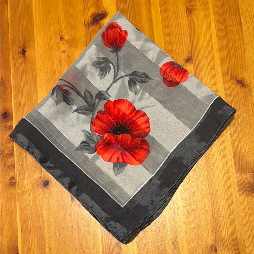 Red, Gray and Black Hibiscus Scarf, Made in Korea